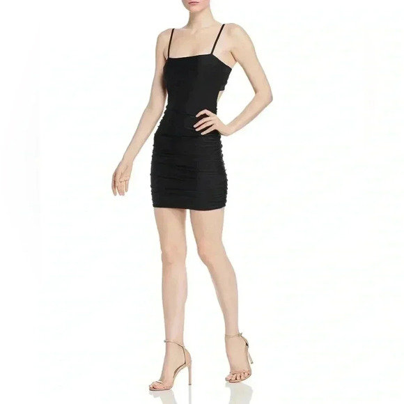 Tiger‎ Mist Sunrise Tie-Back Square Neck Ruched Black Mini Body-con Dress Large - Picture 1 of 8